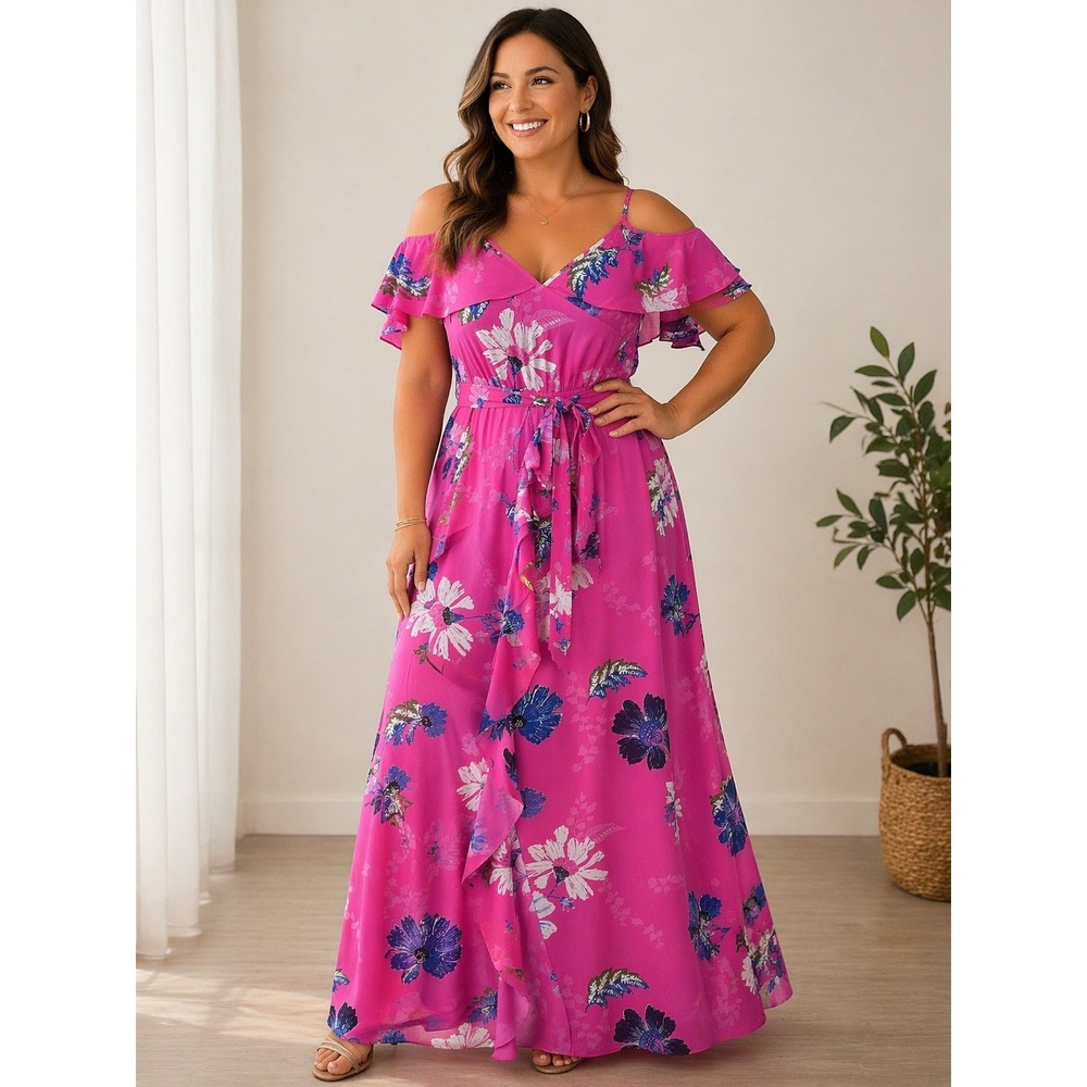 Rachel Roy Pink Floral Maxi Dress Boho Vacation Resort Beach Romantic Size 4 NWT